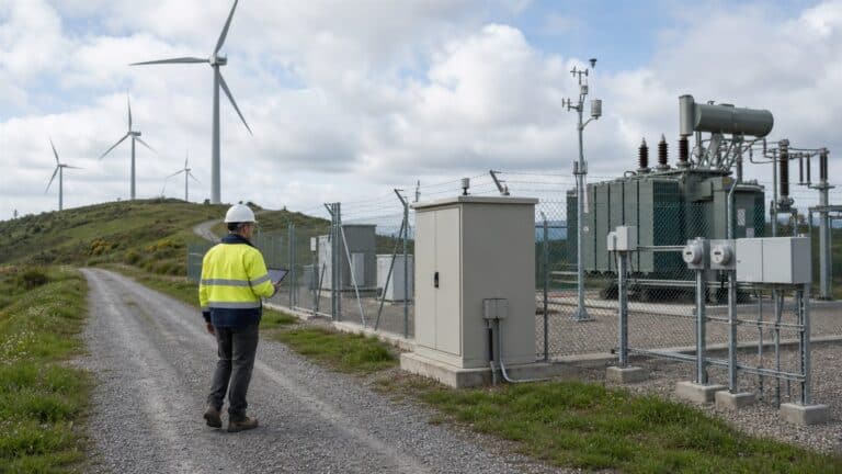 A field engineer inspects a wind-farm collector substation with transformers, meters, a control kiosk and turbines across the hillside.