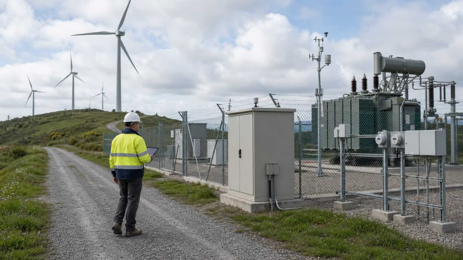 A field engineer inspects a wind-farm collector substation with transformers, meters, a control kiosk and turbines across the hillside.