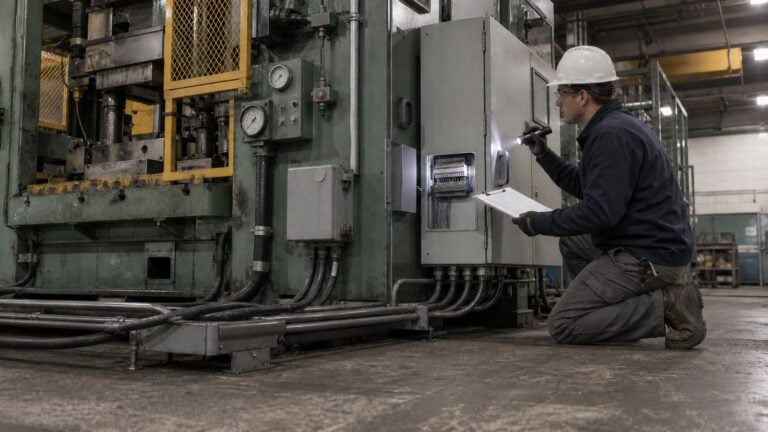 An engineer checks legacy machine interfaces and wiring beside an industrial press before planning an edge gateway deployment.