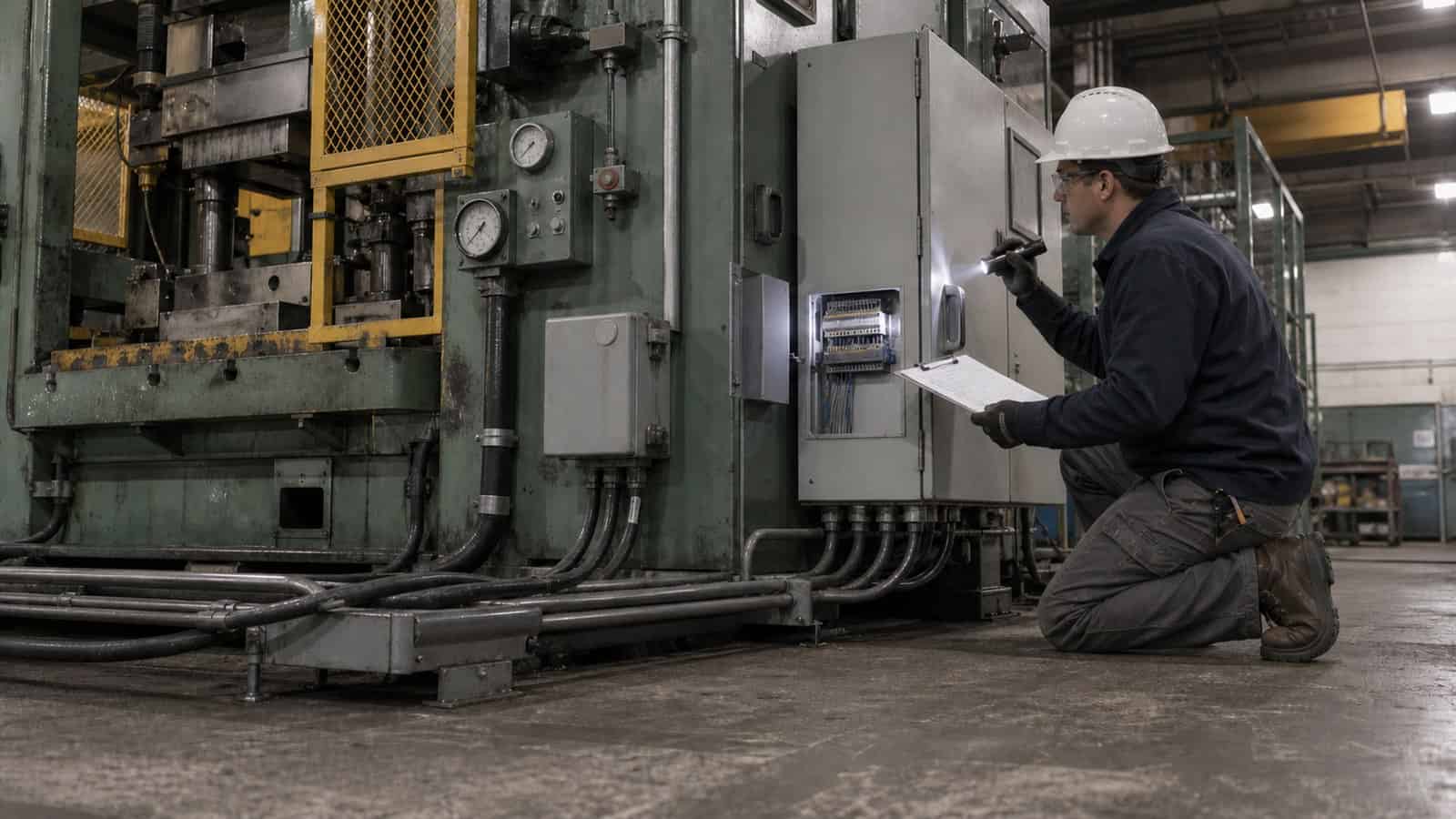 An engineer checks legacy machine interfaces and wiring beside an industrial press before planning an edge gateway deployment.
