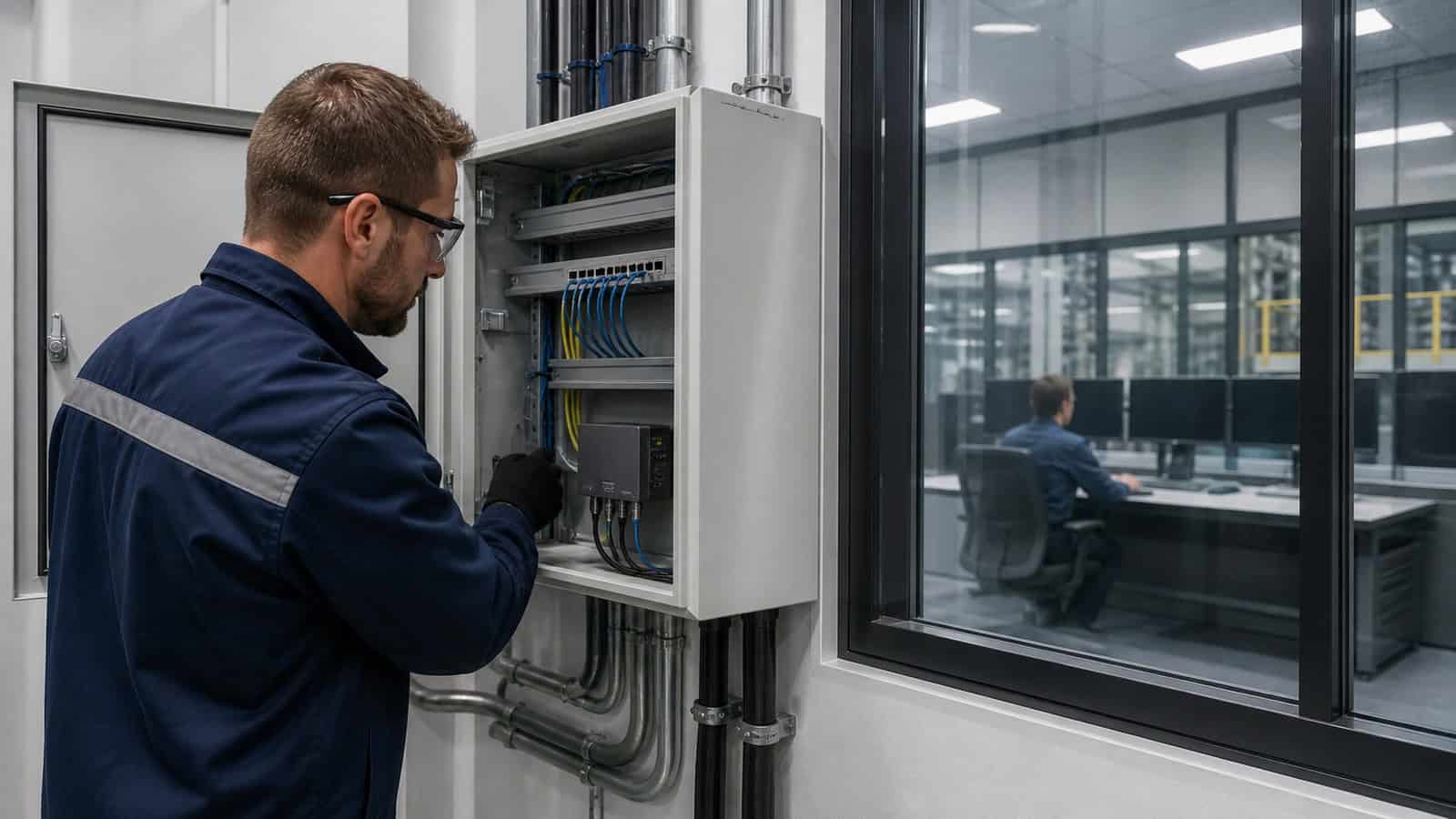 An engineer verifies cabinet cabling at a controlled IT and OT boundary beside a glass-walled control room.