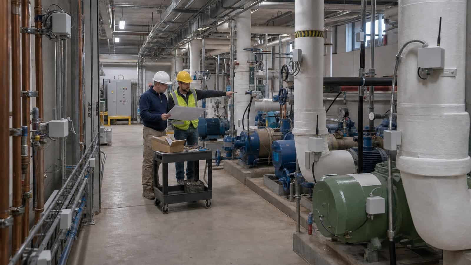 Two facilities engineers review a retrofit plan among pumps, pipes and wireless metering sensors in a commercial building plant room.