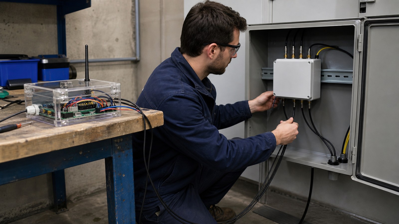 An engineer routes cables from a prototype LoRaWAN bench setup toward a cleaner industrial cabinet installation.