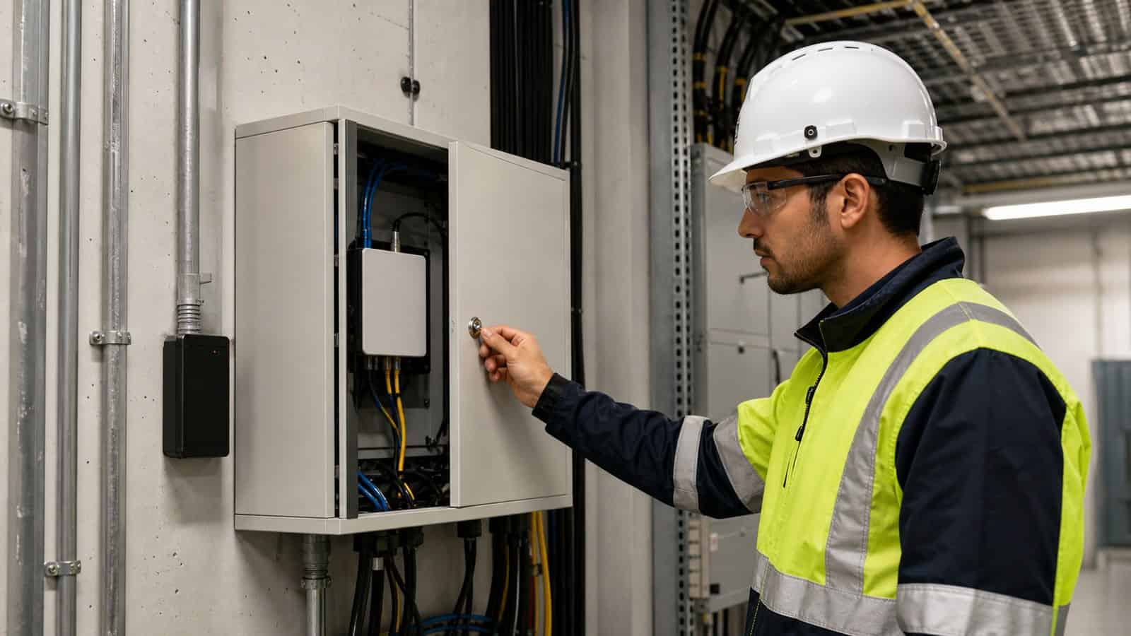 A security engineer checks a locked industrial network cabinet with access control and routed gateway cabling.