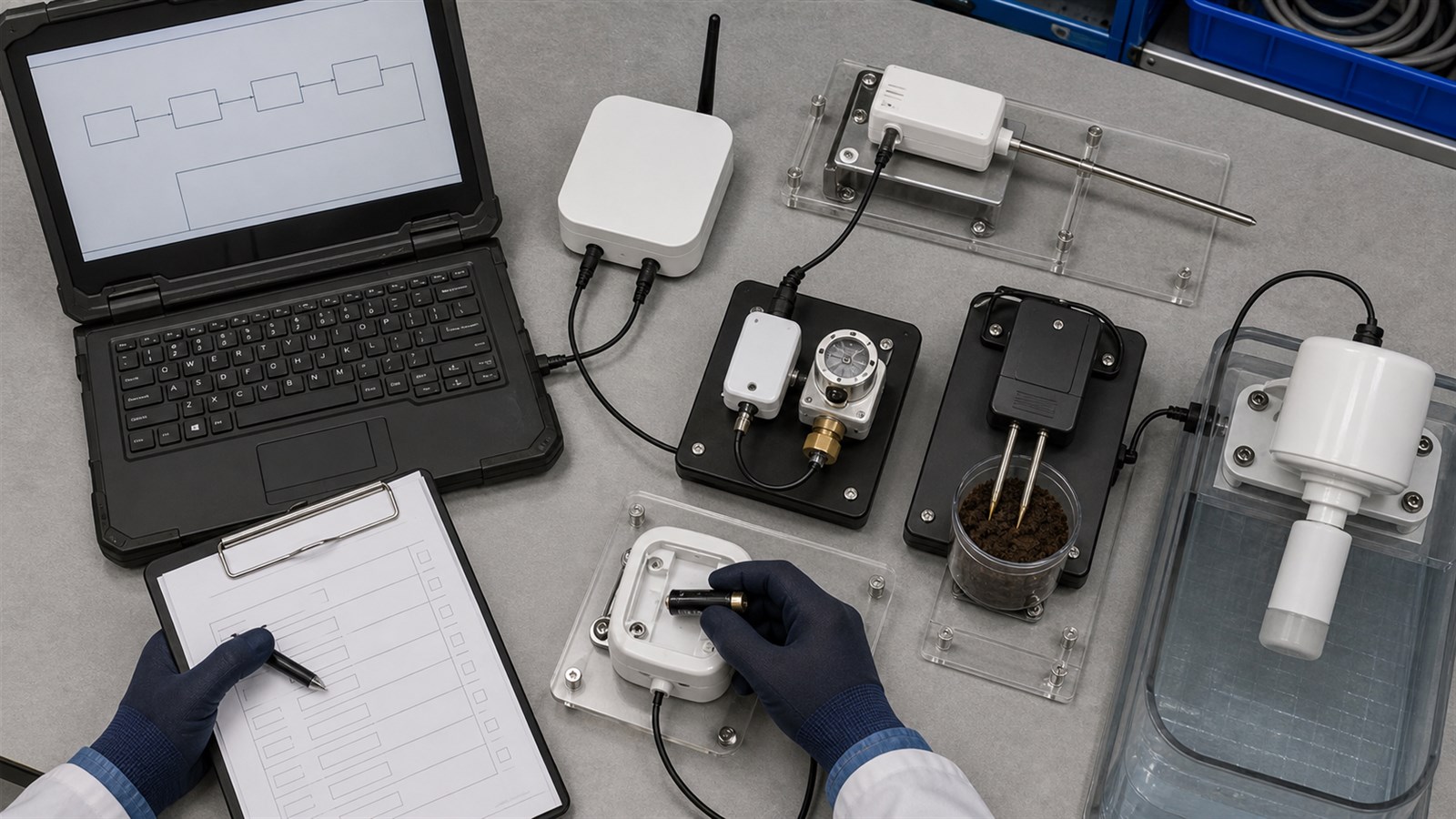 Gloved hands compare several industrial sensors, cables and an anonymous gateway on a compatibility test bench.