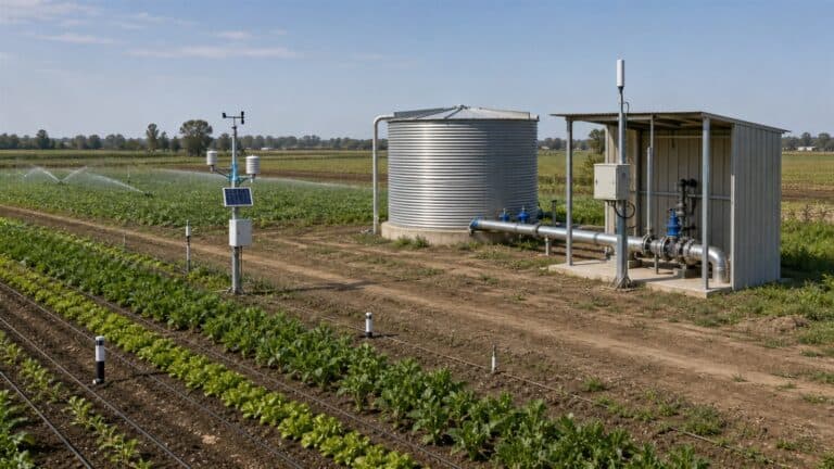 A remote farm uses soil probes, weather instruments, irrigation equipment and a protected communications enclosure across crop fields.