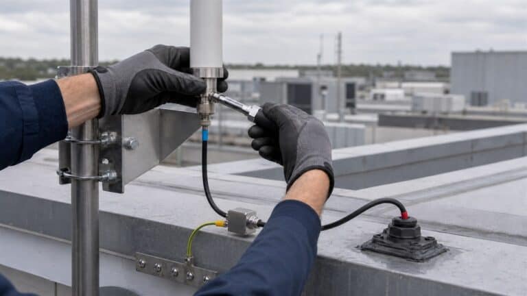 Gloved hands tighten a rooftop LoRaWAN antenna connection with a surge protector, grounded feeder and sealed cable entry.