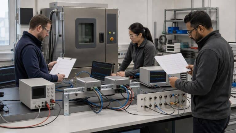 Three engineers evaluate industrial computing hardware, interfaces and test evidence in an environmental qualification laboratory.