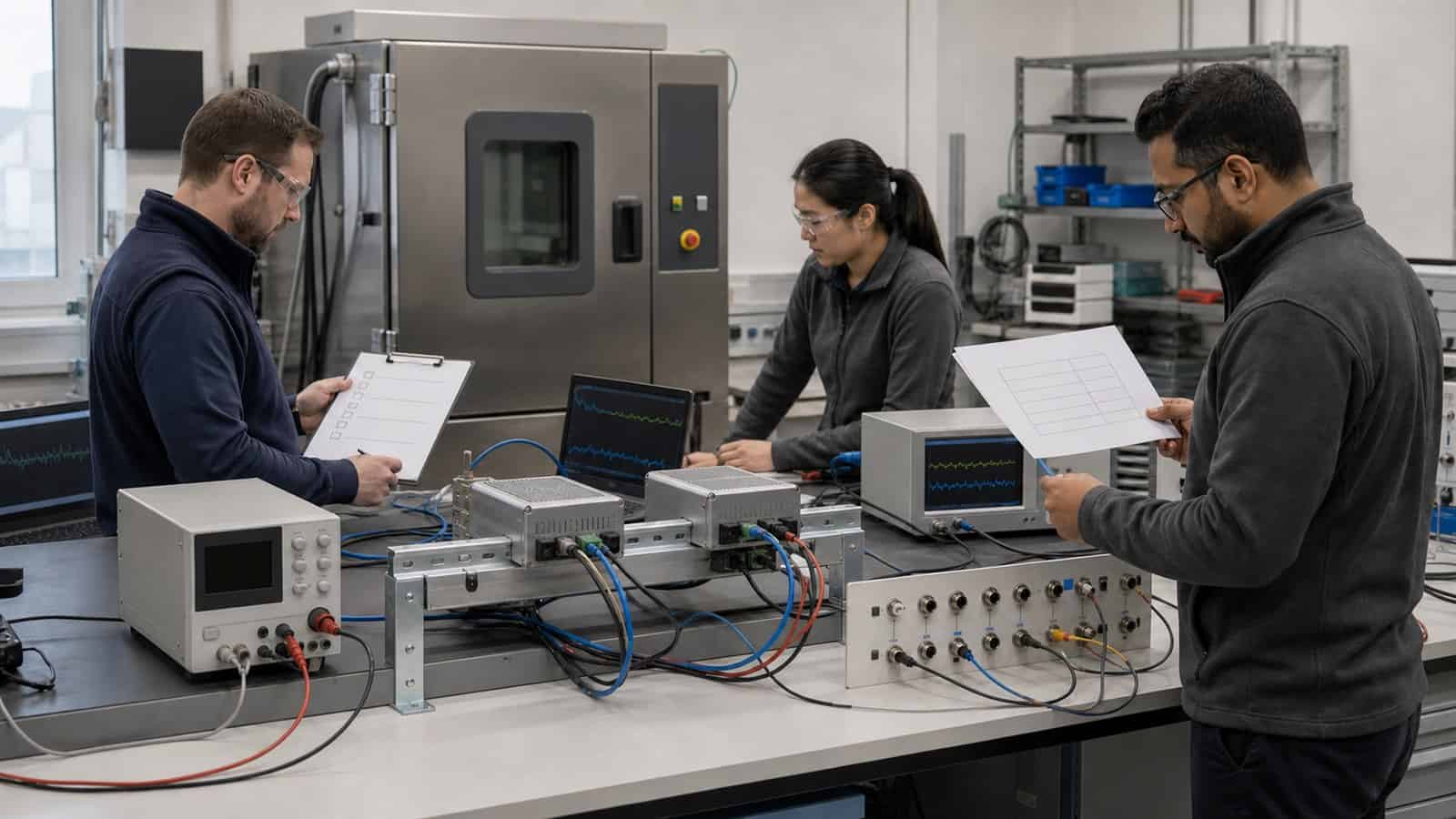 Three engineers evaluate industrial computing hardware, interfaces and test evidence in an environmental qualification laboratory.
