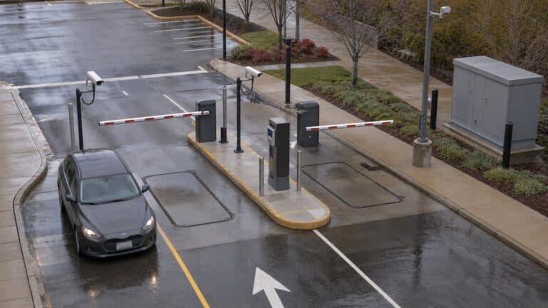 A wet smart-parking entrance uses lane cameras, barriers, pavement loops, access pedestals and a closed roadside technical enclosure.