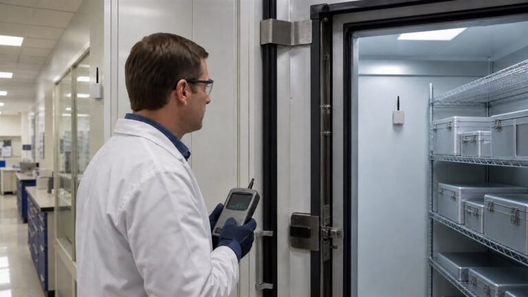 An RF engineer tests signal performance outside an insulated cold room with wireless sensors mounted inside and in the laboratory corridor.