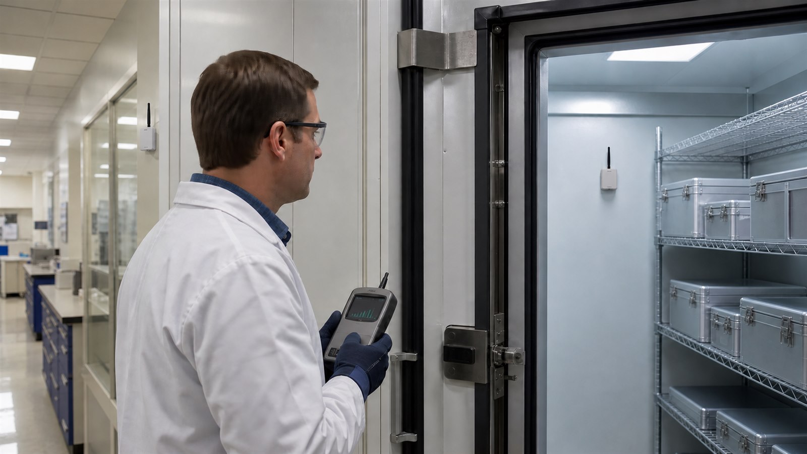 An RF engineer tests signal performance outside an insulated cold room with wireless sensors mounted inside and in the laboratory corridor.