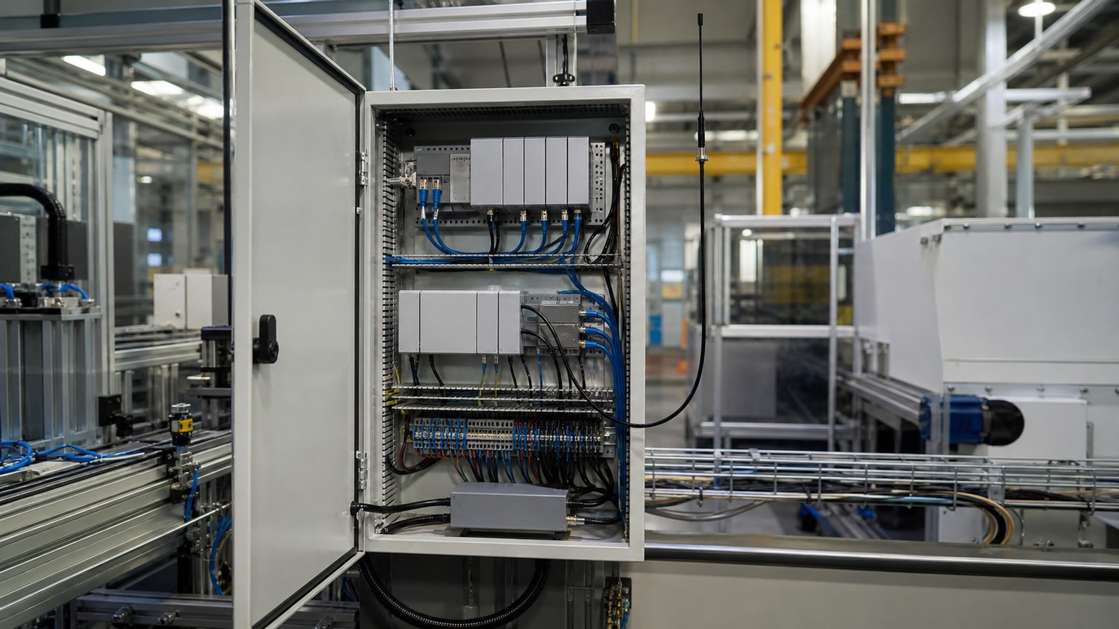An open factory control cabinet links wired machine equipment to a small cellular backhaul device beside a production cell.