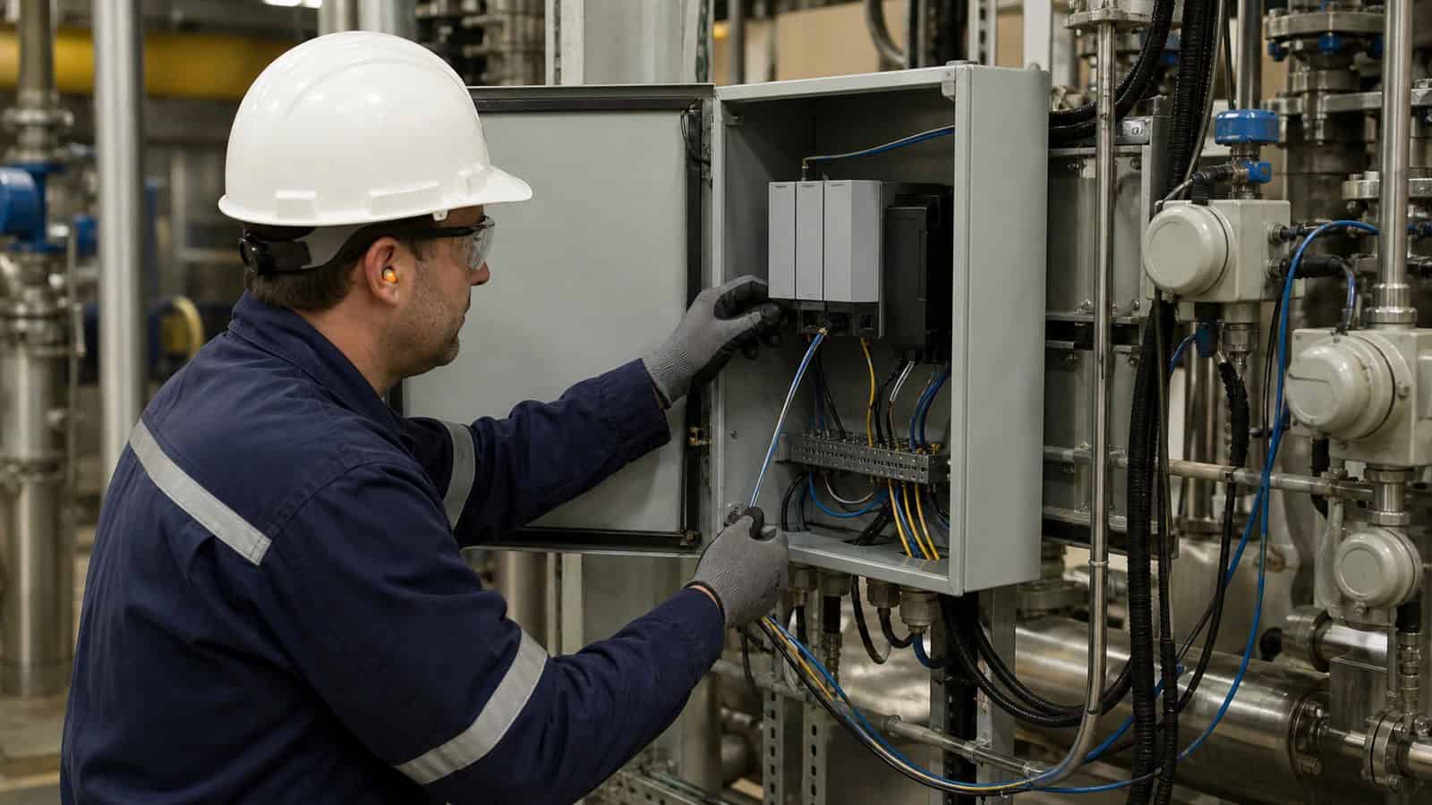 An engineer traces sensor wiring from industrial pipes into a cabinet with local edge processing hardware.