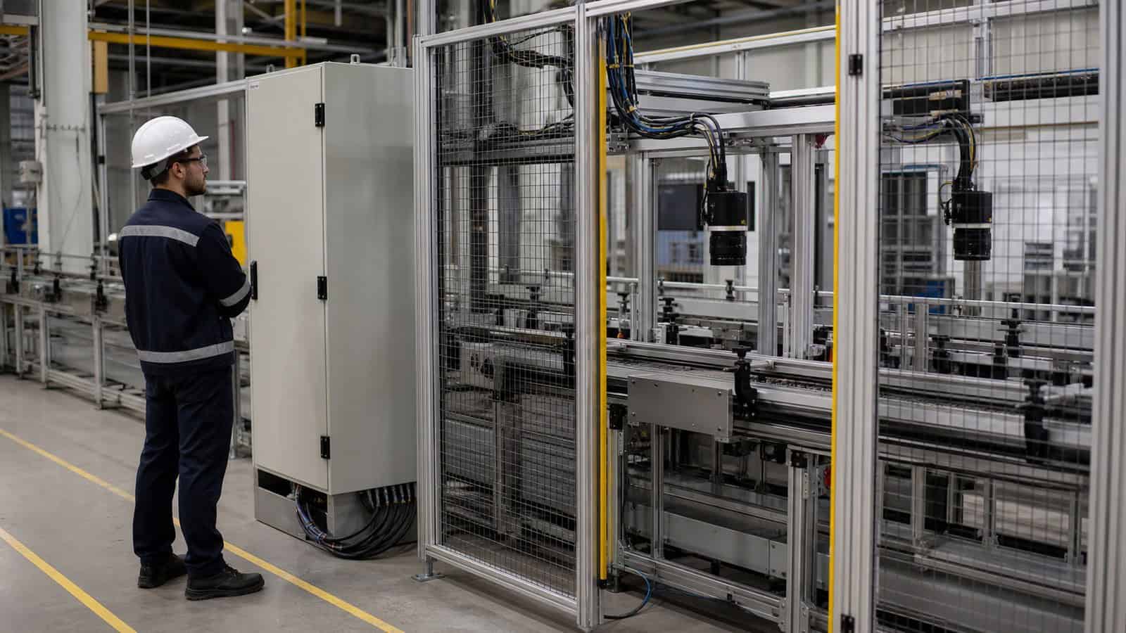 A technician observes a guarded machine-vision inspection cell with cameras, cabling and local computing nearby.