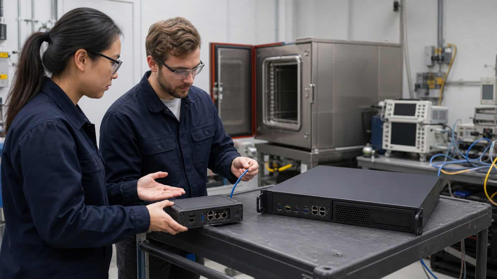 Two engineers compare a rugged edge gateway and a larger edge server on an industrial test laboratory bench.