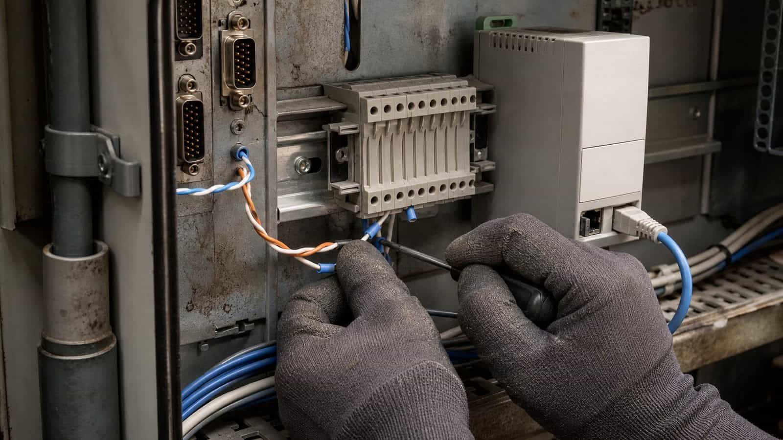 Gloved hands connect serial wiring to terminal blocks beside Ethernet cabling in an older factory control panel.