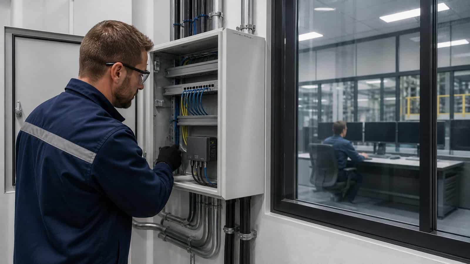 An engineer verifies cabinet cabling at a controlled IT and OT boundary beside a glass-walled control room.