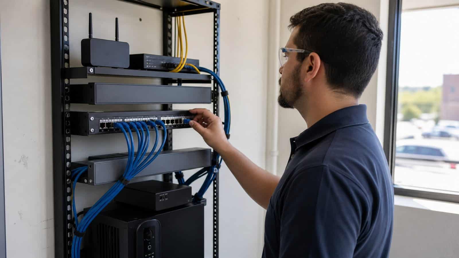 A technician checks cabling in a branch office network rack beside a window for cellular WAN backup.