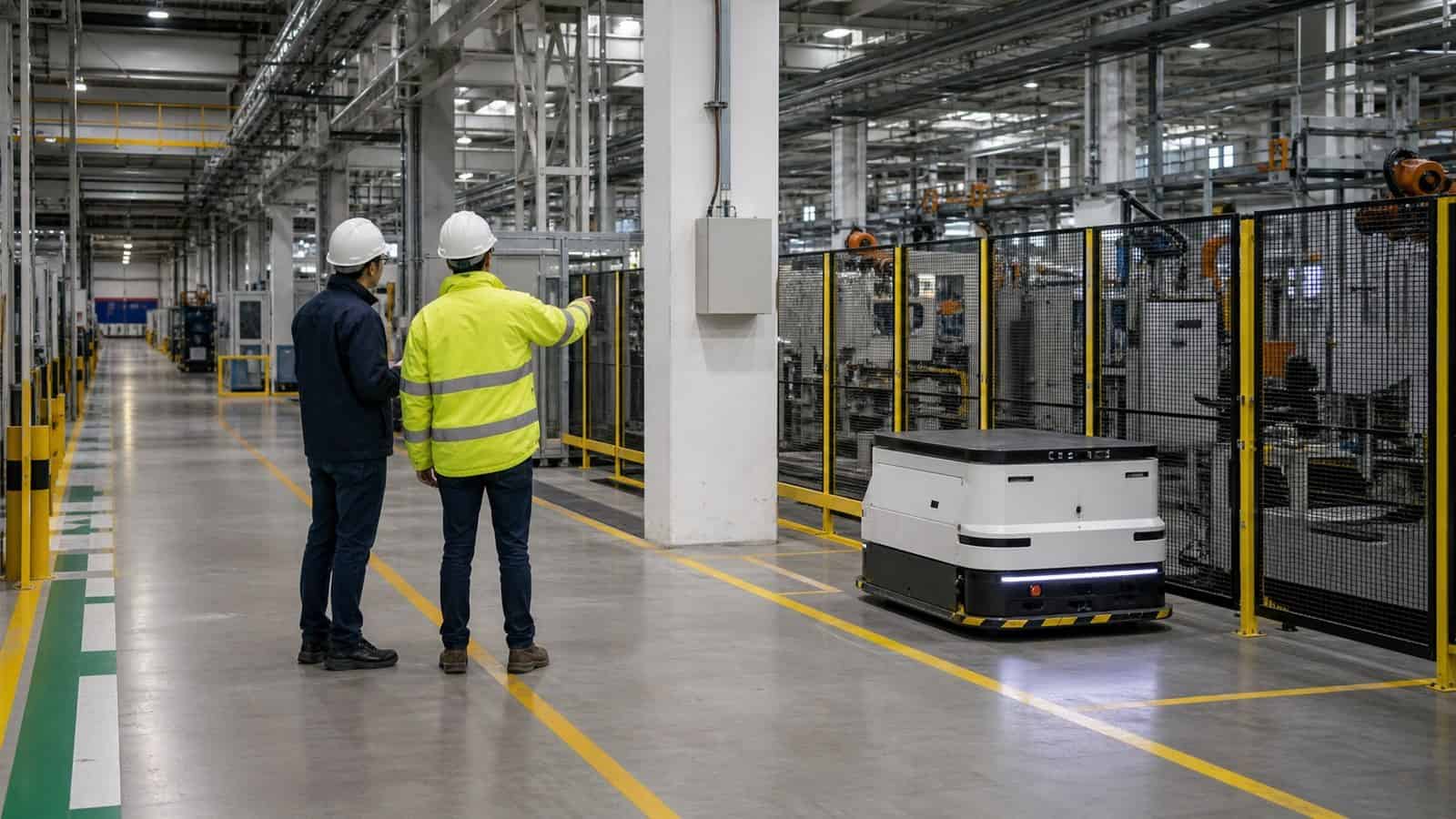 Two engineers stand beside an AGV in a factory aisle while private 5G equipment supports mobile industrial connectivity.