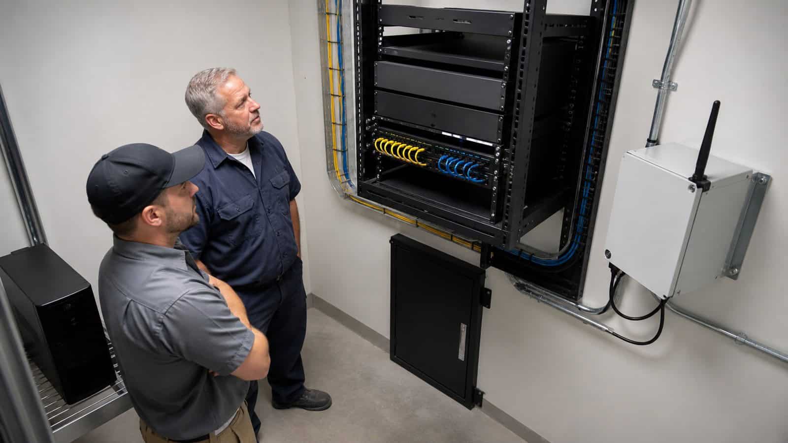 Two technicians inspect a branch communications rack with fixed-line cabling, backup power and a separate cellular path.