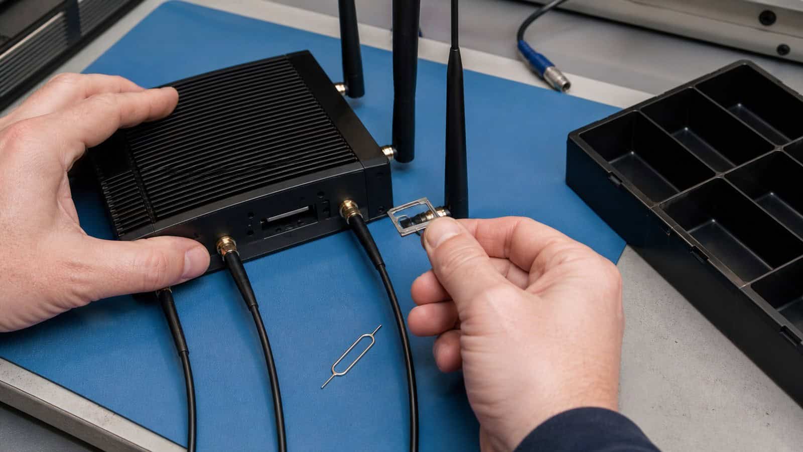 Hands handle a blank SIM tray beside antenna cables and an industrial cellular device on a test bench.