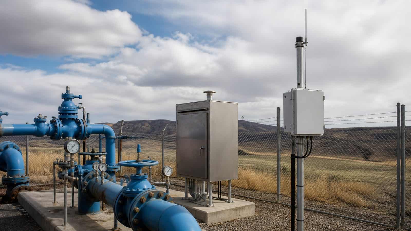 A remote water pump station uses pipes, gauges and a weatherproof antenna enclosure for gateway backhaul.