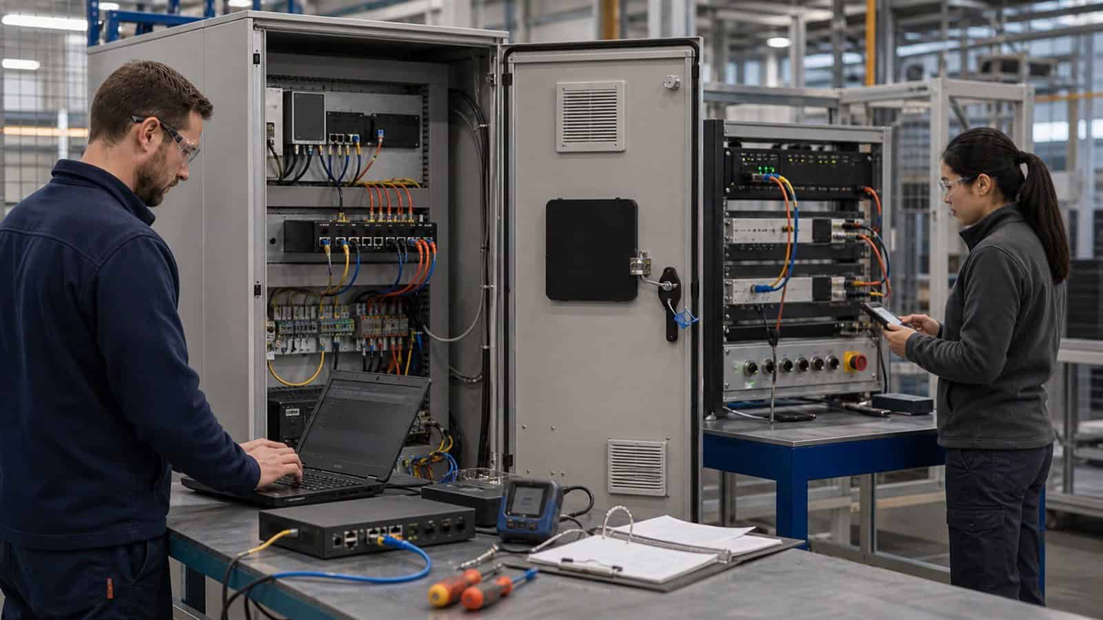 Two industrial engineers inspect an open control cabinet and test rack during a factory cybersecurity acceptance review.