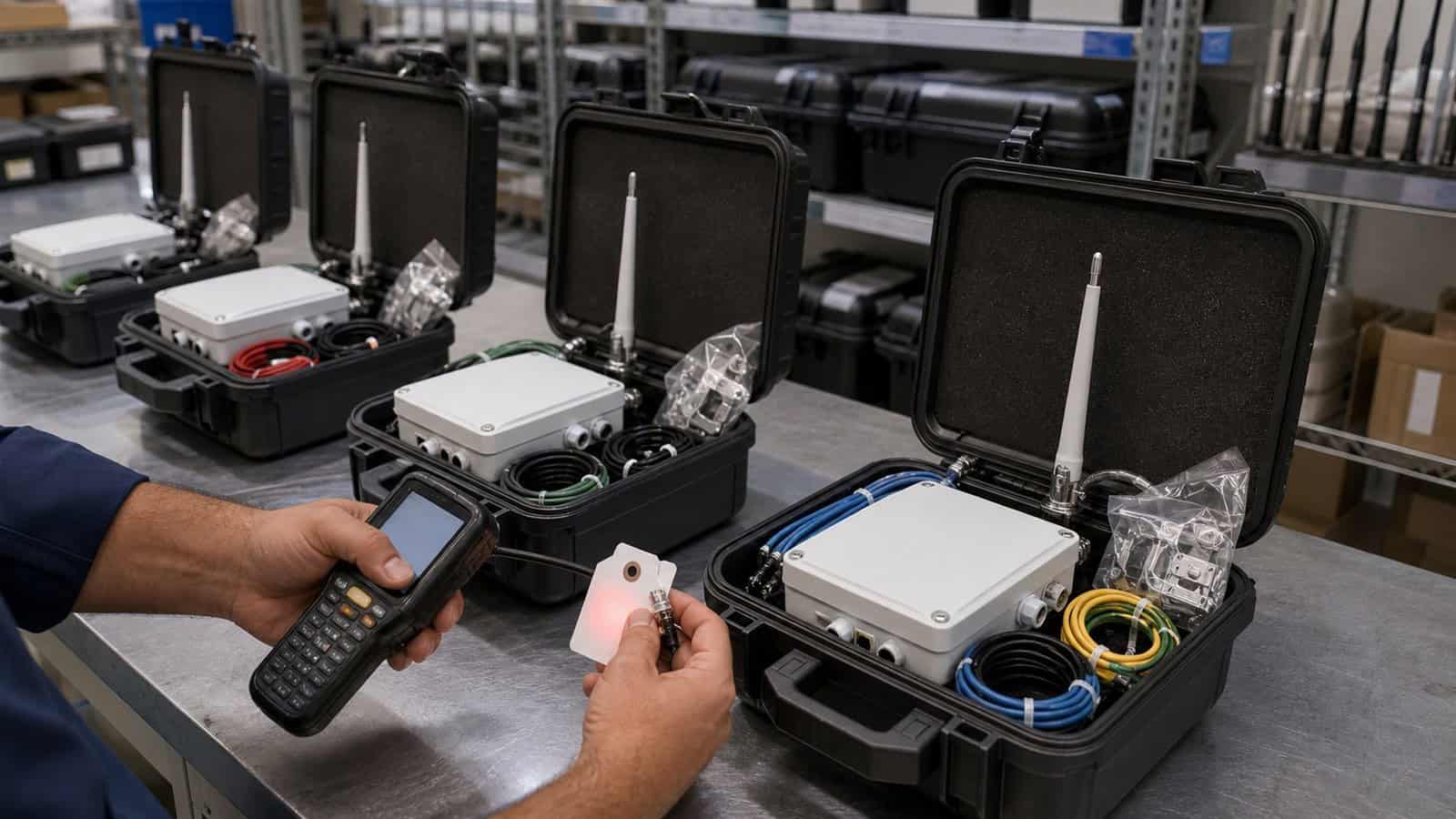 A technician scans a deployment tag beside standardized LoRaWAN site kits, antennas and color-coded cables.