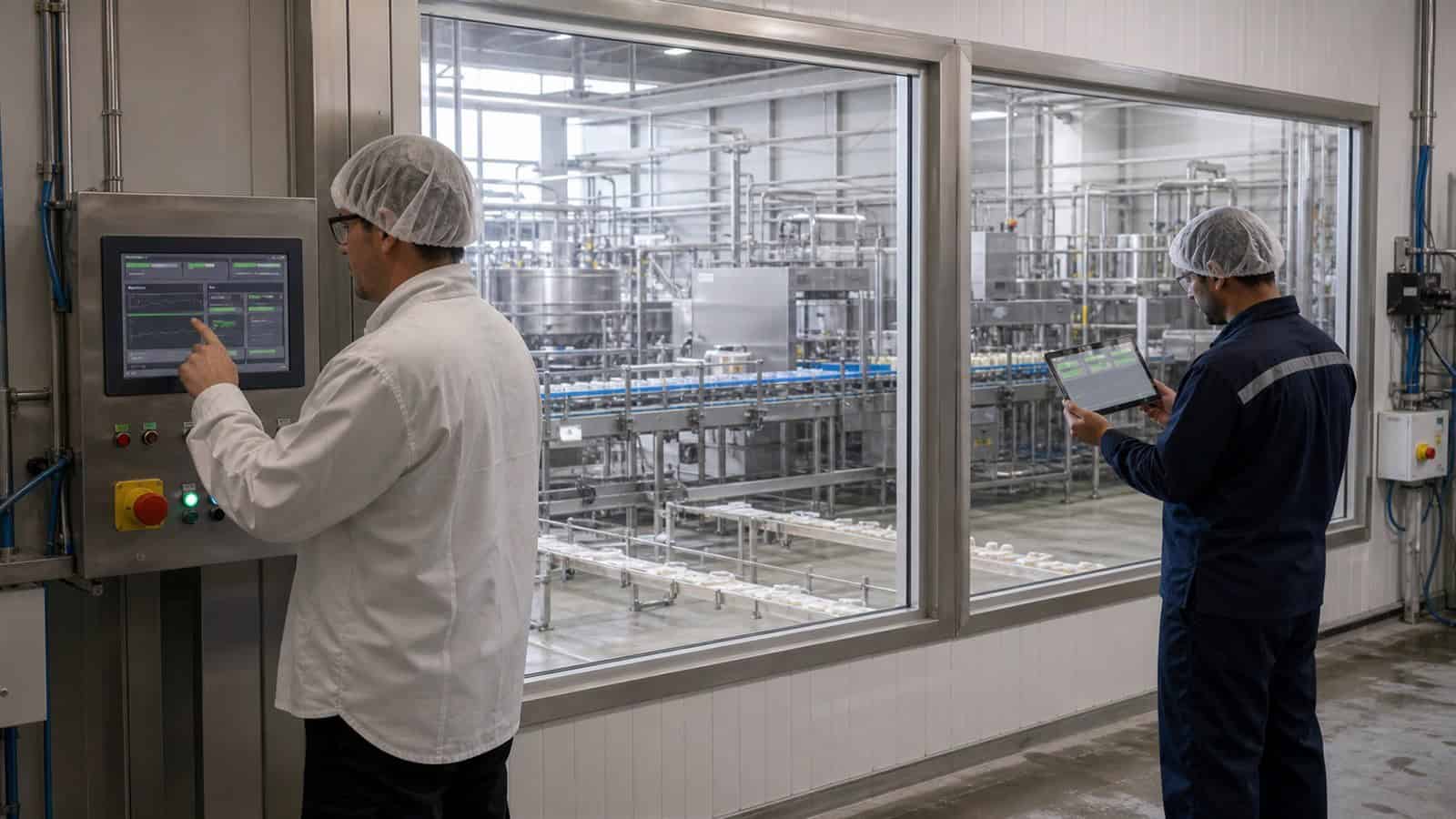 Two plant operators use a fixed industrial HMI and a rugged tablet while monitoring a food-processing line through safety glass.