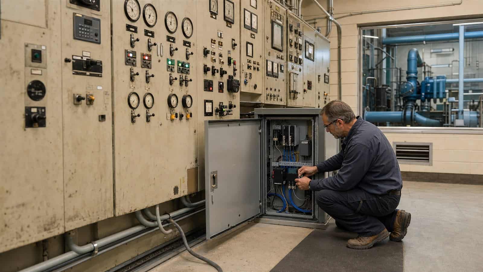 A technician wires a modernization cabinet beside an operating wall of legacy SCADA gauges in a water treatment plant.