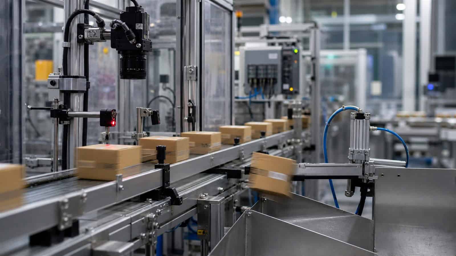 A machine-vision camera and pneumatic reject arm inspect and divert cartons on a high-speed packaging line.