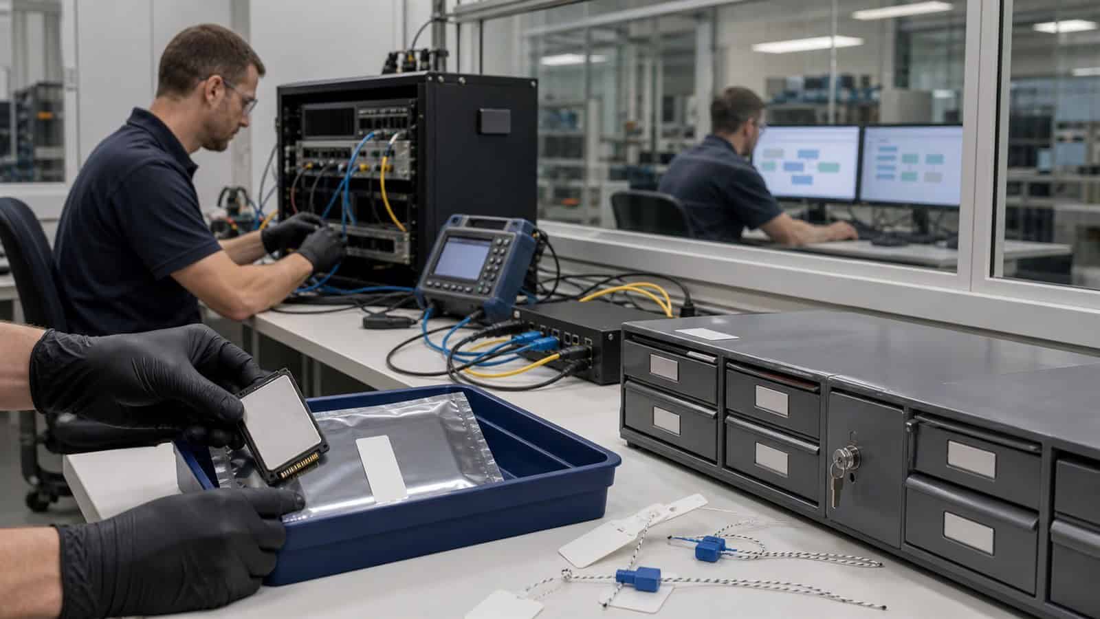 Security engineers validate industrial software and network hardware while sealed media and tamper tags are prepared for release.