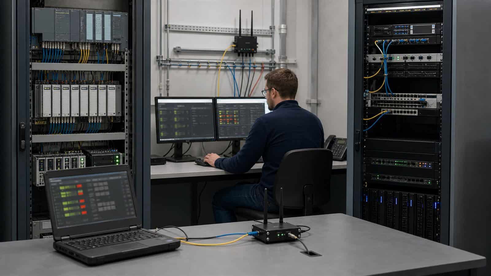 An engineer reviews secure remote-access settings on a laptop between separated industrial and enterprise network racks.