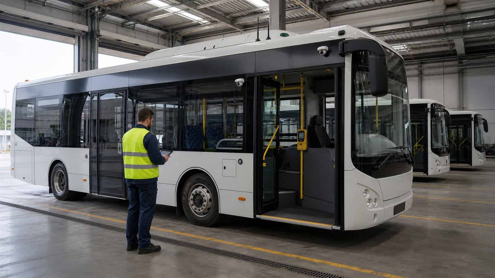 A technician inspects a connected city bus in a maintenance depot, with roof antennas and onboard cameras visible.