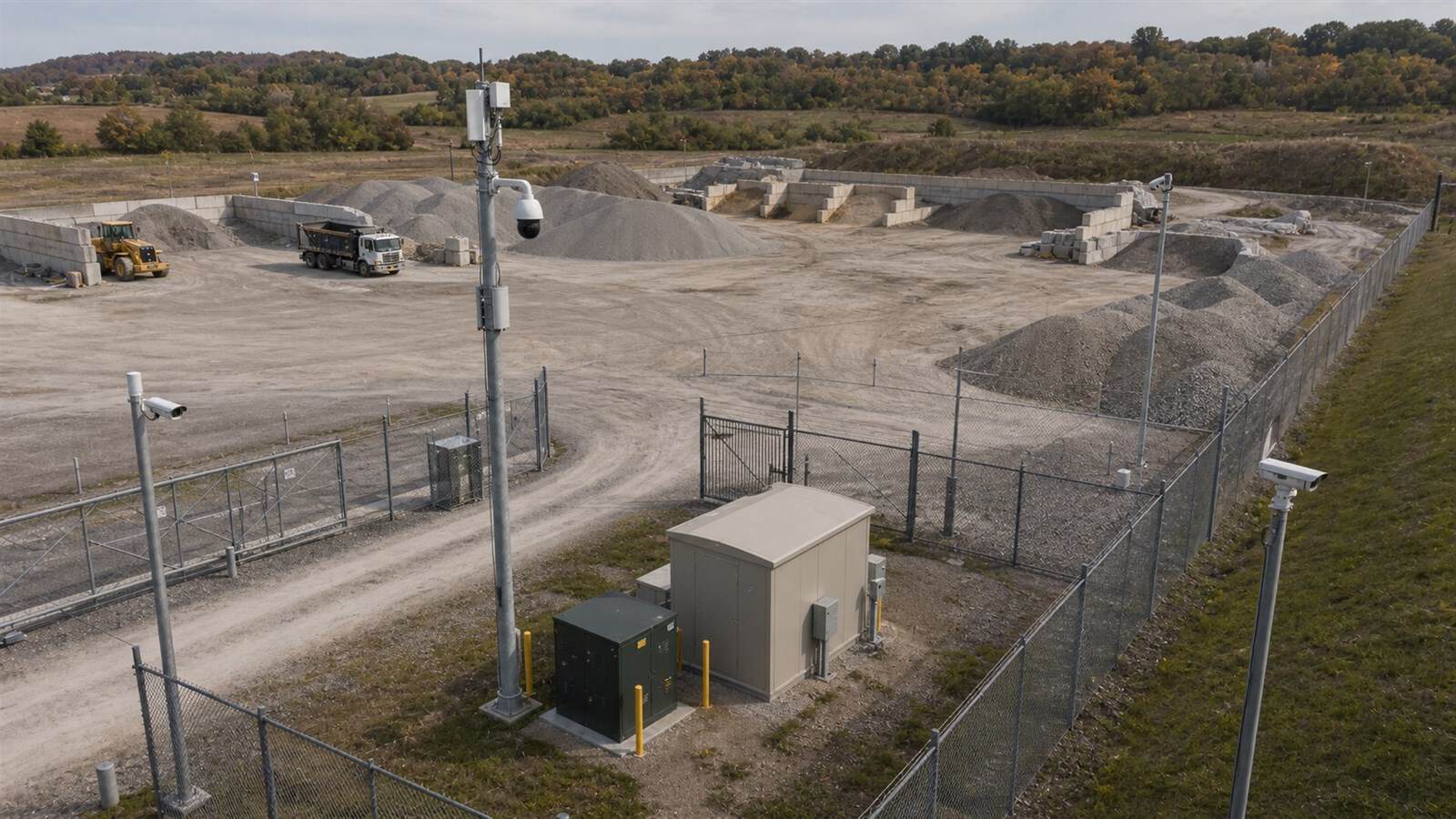 Surveillance cameras overlook an unmanned aggregate yard beside a closed outdoor communications enclosure.