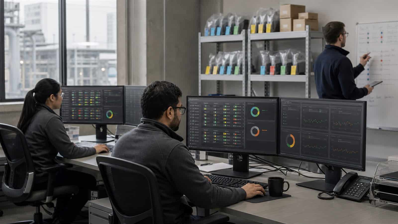Operators monitor a distributed router fleet in a practical network operations room with staged replacement equipment nearby.