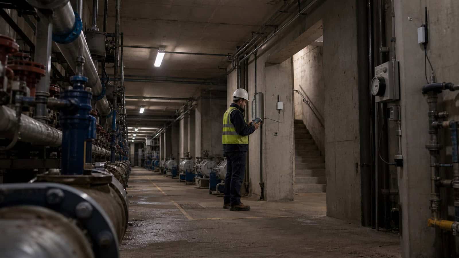 A field technician surveys wireless coverage among concrete walls, pipes and meters in an underground utility room.
