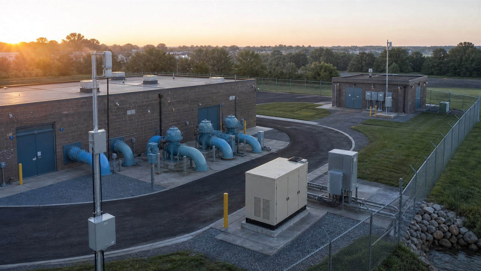 Two physically separated antenna installations serve an unmanned water pumping station with independent buildings and power equipment.