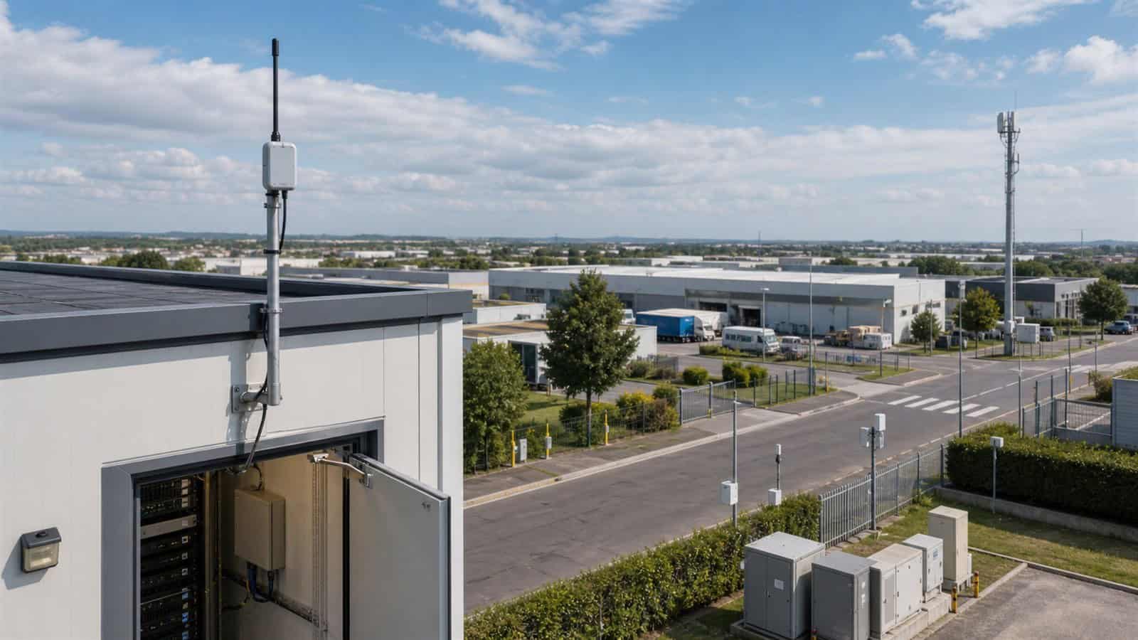 A private rooftop antenna and local server room overlook an industrial campus with a public telecom mast beyond the fence.