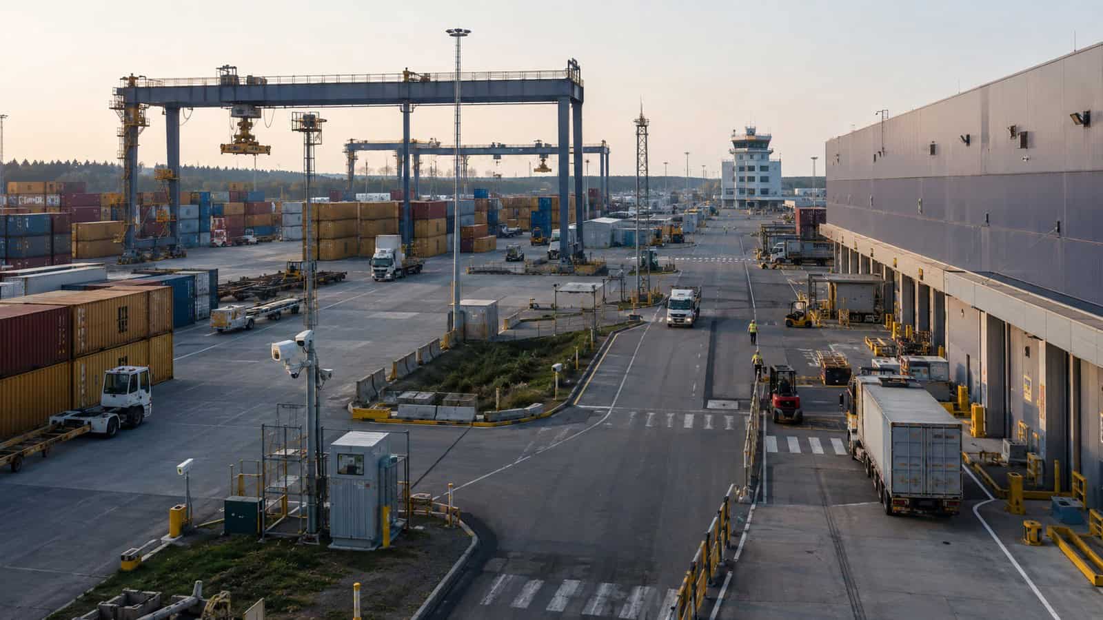 An intermodal freight terminal combines container cranes, trucks, yard cameras and industrial control infrastructure beside a large warehouse.