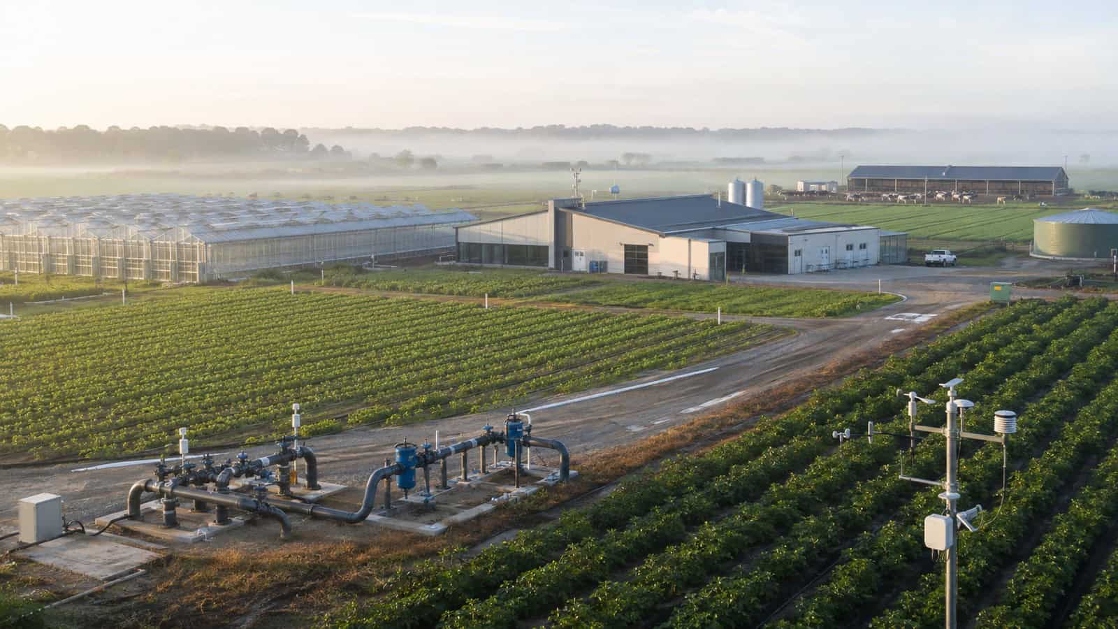 An agricultural research estate combines crop fields, greenhouses, irrigation systems, weather stations and distant livestock shelters.