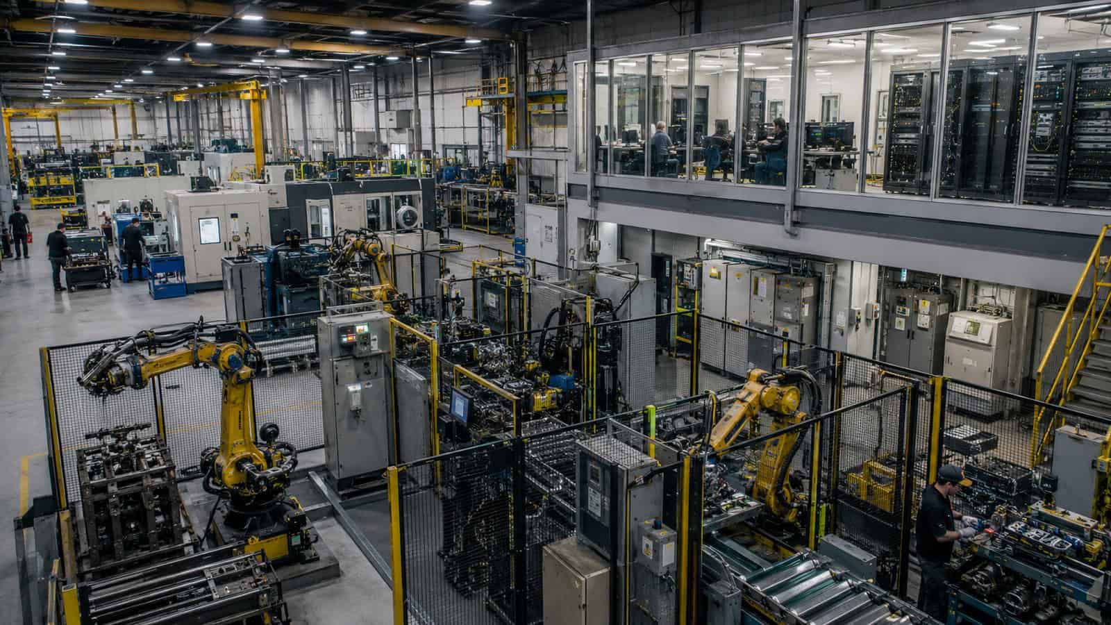 An automotive components factory combines robotic cells, machine vision, control cabinets and a glass-enclosed operations room.