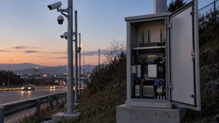 Roadside communications cabinet supplying PoE cameras beside a monitored transport route at dusk.