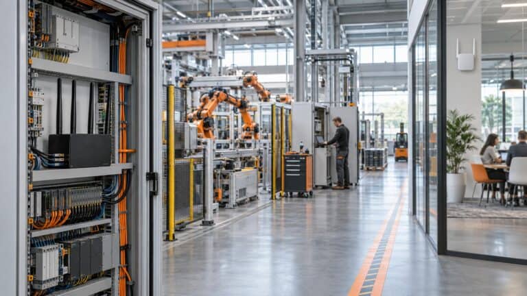 Industrial network cabinet connecting factory equipment and a separate visitor Wi-Fi area through distinct wired and wireless paths.