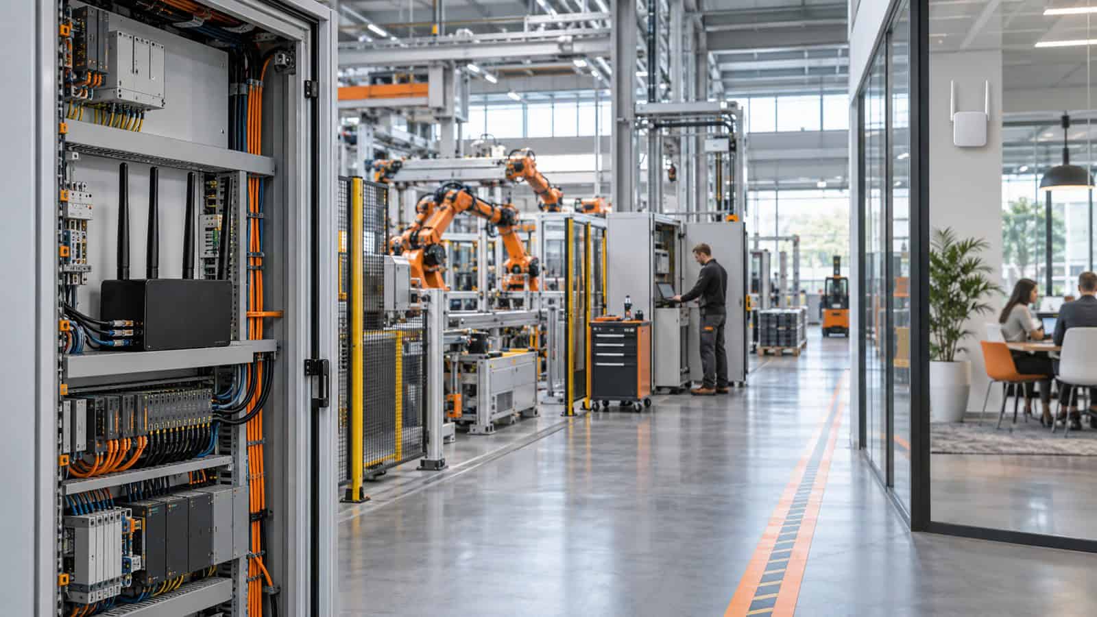 Industrial network cabinet connecting factory equipment and a separate visitor Wi-Fi area through distinct wired and wireless paths.