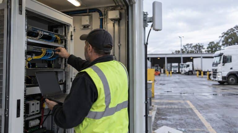 Engineer testing industrial router failover in a depot communications room with an operating yard beyond.