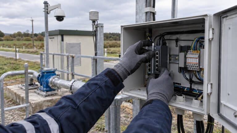 Technician upgrading a compact roadside utility communications cabinet beside water infrastructure.