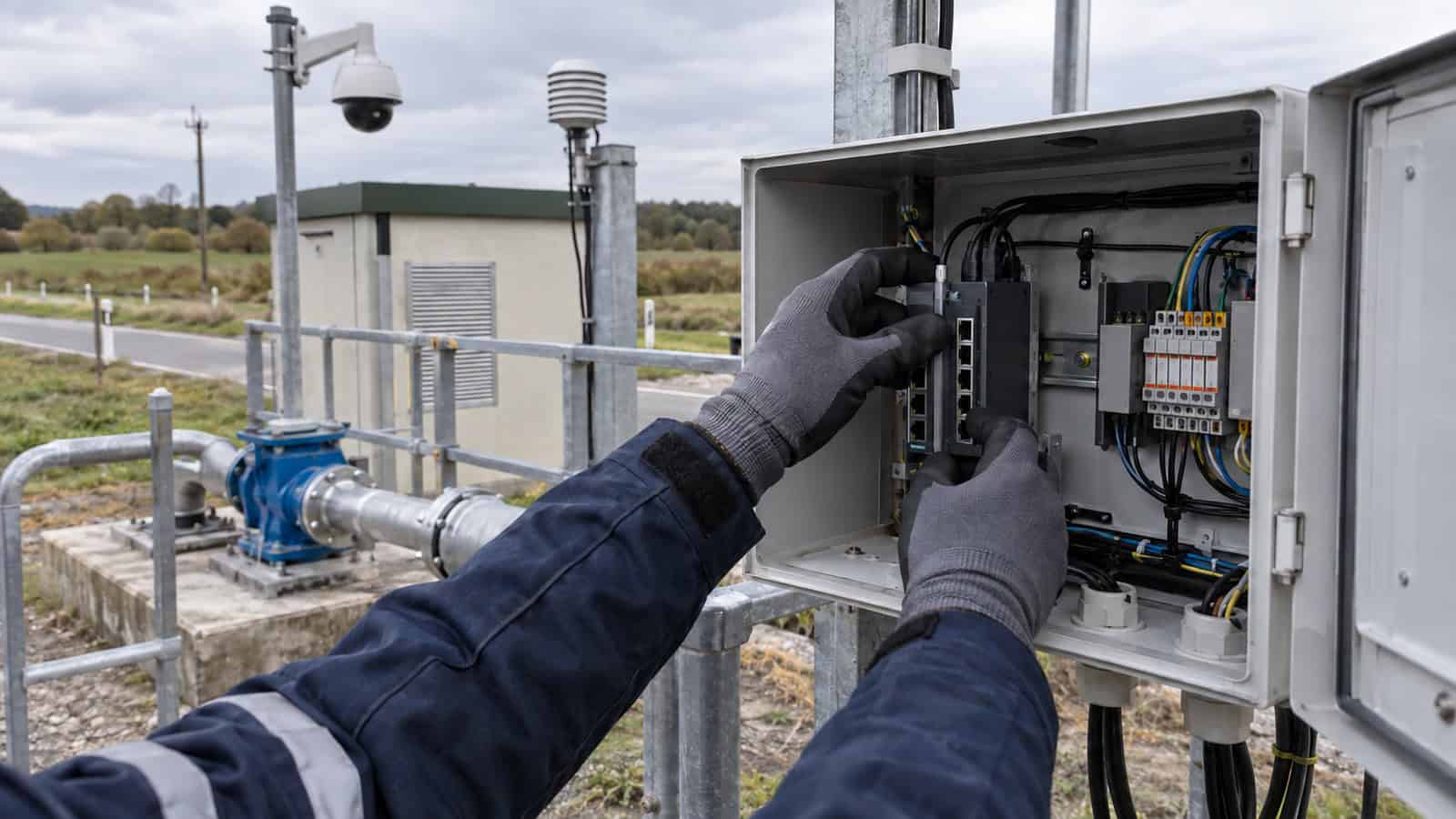 Technician upgrading a compact roadside utility communications cabinet beside water infrastructure.