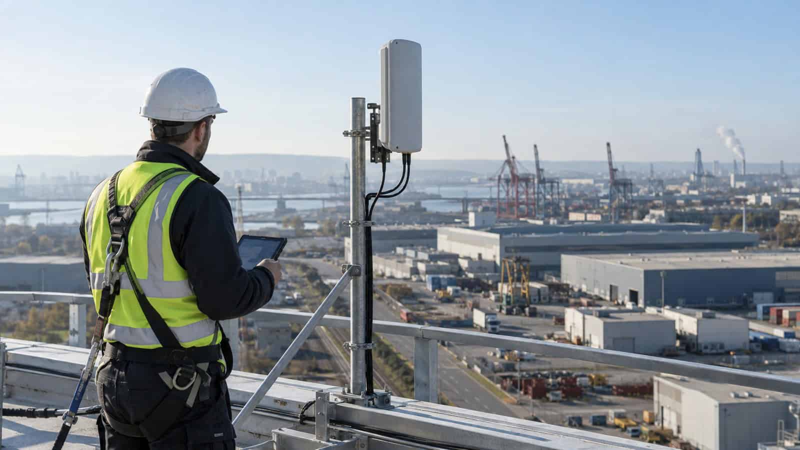 Engineer surveying a rooftop cellular installation above an Australian industrial precinct.